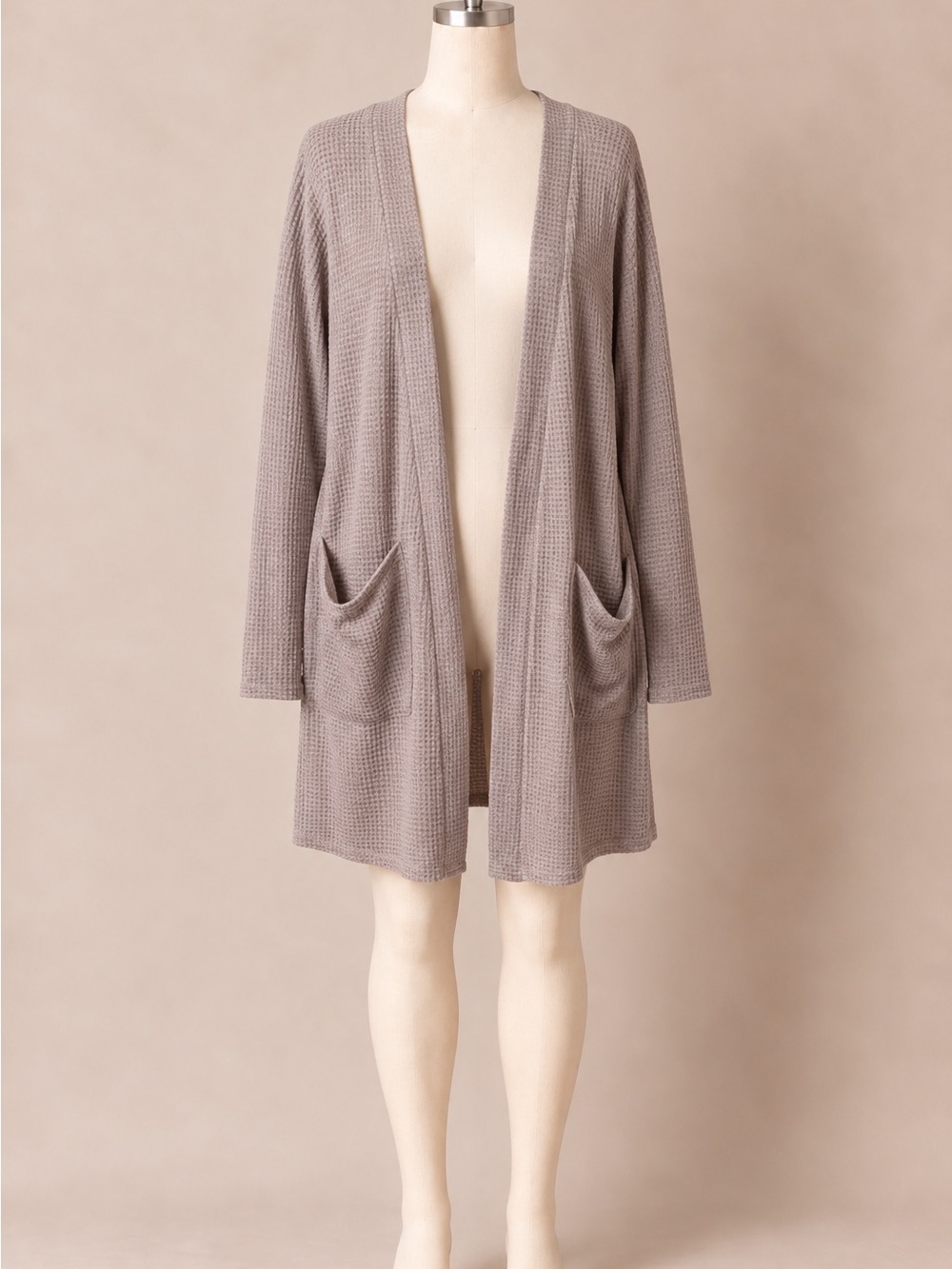 Blakeley Plus Size Mauve Taupe Waffle Knit Open Front Long Cardigan Pockets